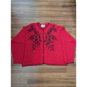 Vintage Heirloom Collectibles Red Embroidered Ramie Sweater Beaded Floral XL